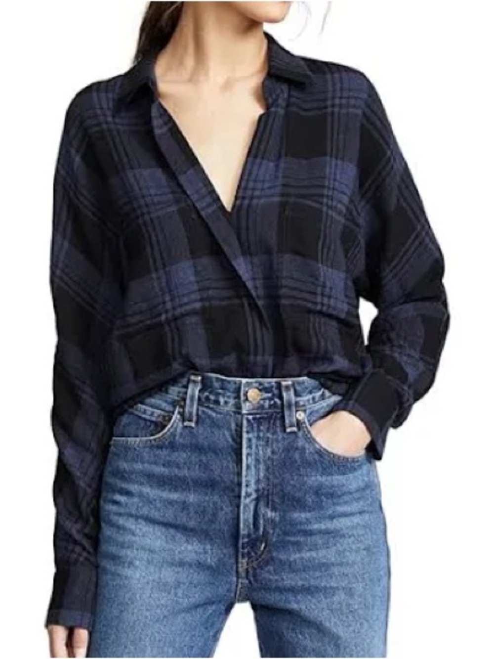 Vince navy black plaid pullover long sleeve top size small